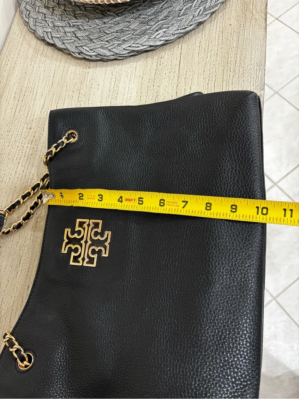 Tory Burch Black Pebbled Leather Shoulder Tote with Gold Chain